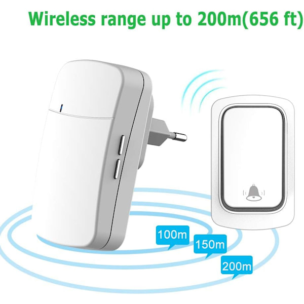 Trådlös dörrklocka utan batteri krävs, räckvidd upp till 200 m, 38 ringsignaler, 3 volymnivåer, enkel att installera (vit)