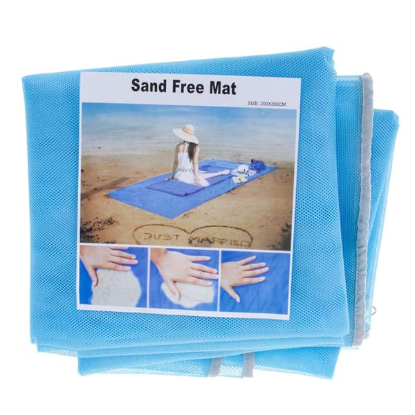 Sandfrit strandtæppe 200x200 cm blå polyester med jordspyd (BT) 400