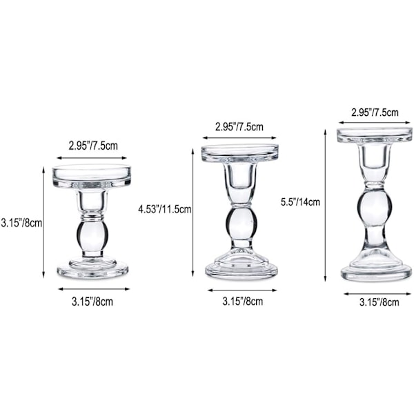 Set med 3 klara glasljusstakar för pelare och ljusstakar