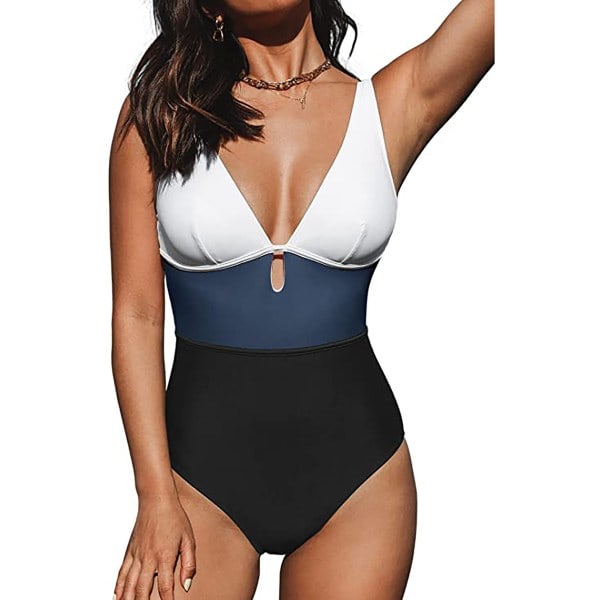 Dame Plunge V-Hals Farveblok Monokini Badedragt Blå L[qb]