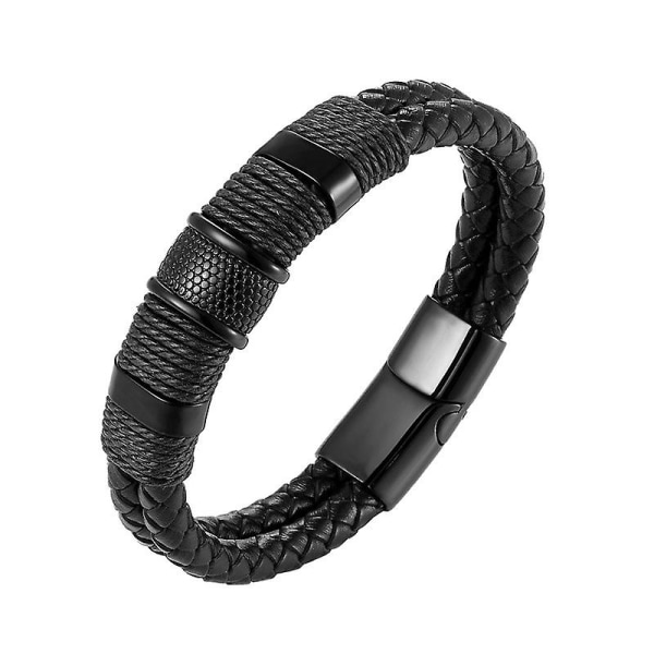 Flettet læderreb speciel stil klassisk rustfrit stål herre læderarmbånd dobbeltlagsdesign A