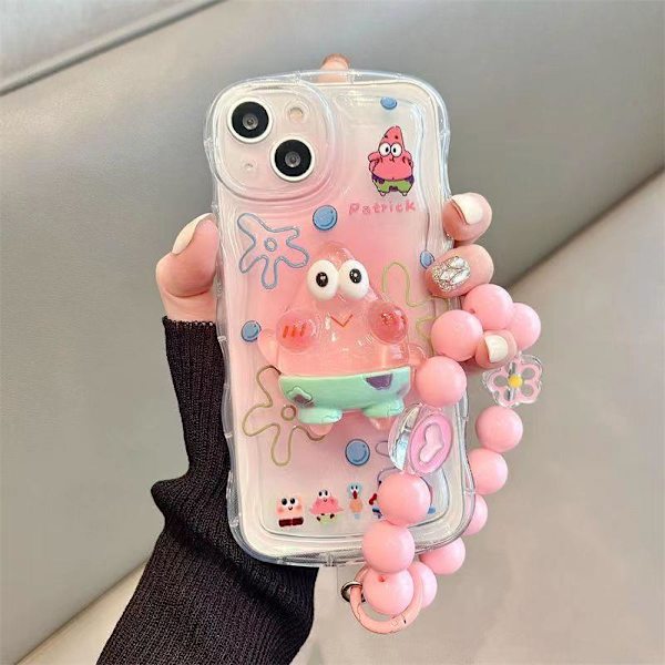 Yhteensopiva söpö iPhone-kotelo Kawaii-tyylillä, telineellä ja riipuksella, sarjakuvamainen läpinäkyvä pehmeä TPU-puhelimen suojakotelo Patrick St Patrick Star iPhone 11 Pro Max