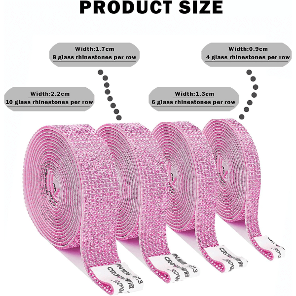 Pink4 selvklebende rhinestones bånd krystall dekorasjon klistremerke selvklebende krystall rhinestones diamant bånd (4 rader + 6 rader + 8 rader + 10 rader)