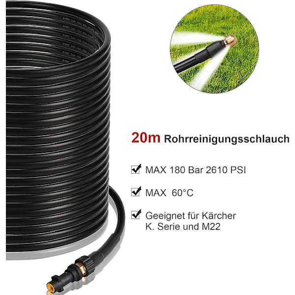 Rensslang för rör, 20 m, 180 bar, högtrycksslang med adapter, set för Kärcher högtryckstvätt