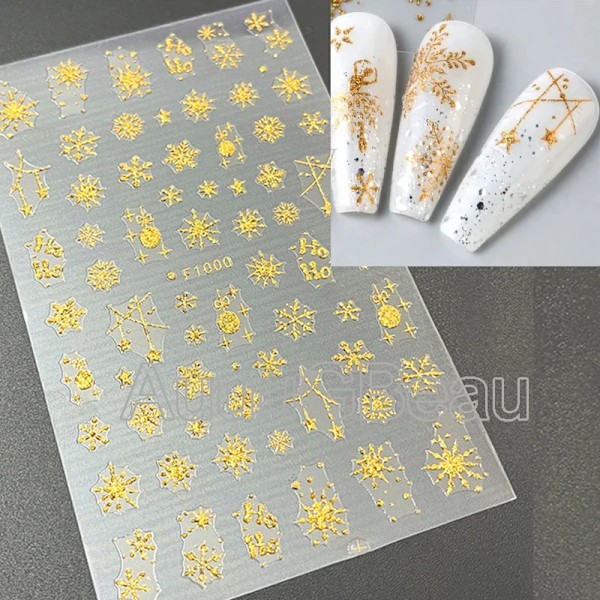 Neglekunst 3D-klistremerker skinnende glitter vinter jul snøfnugg lim skyer negleklistremer dekorasjon for neglespisser skjønnhet. F1000glitter gold