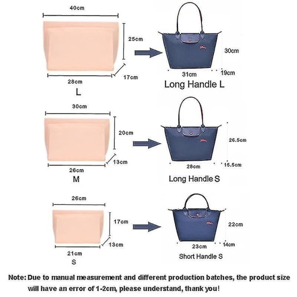 Kännbar insatsväska passar Longchamp handväska foder väska filt tyg sminkväska stöd resebar insats handväska arrangör Tw S S A style