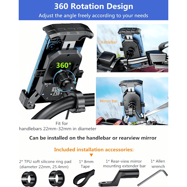 Moottoripyörän puhelinteline langattomalla latauksella ja USB-C:llä, IP66 vedenkestävä moottoripyörän puhelinteline 4'' - 7'' puhelimille, yhdellä kädellä käytettävä