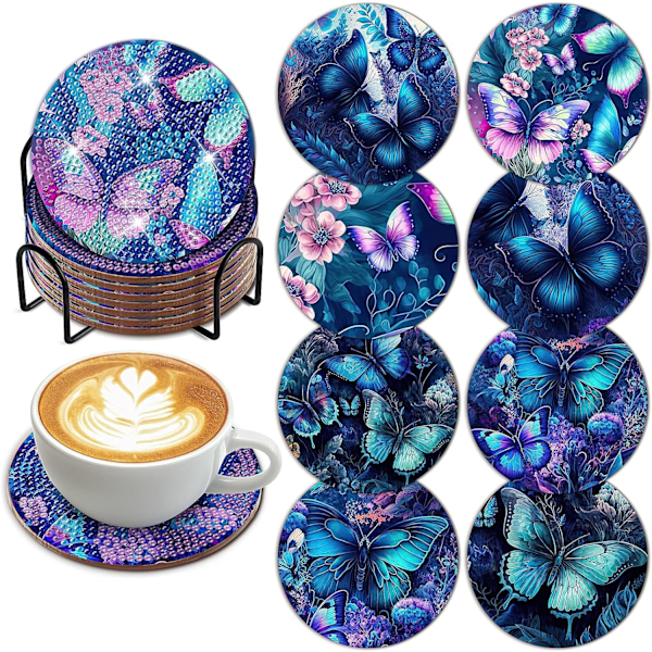 8 Pcs Butterfly Diamond Art Painting Coaster Kit with Holder DIY Butterfly Diamond Art Coaster Slip Coaster for Adults