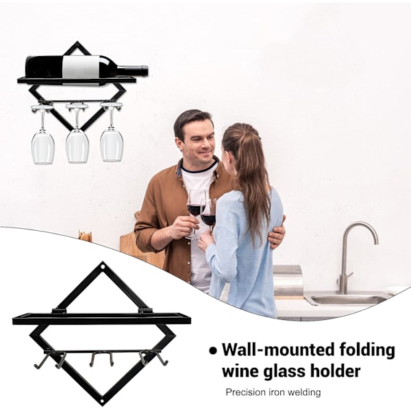 2-pack Väggmonterad Vinflaskhållare med 3 Glashållare för Hem, Kök, Bar Dekoration (Svart)