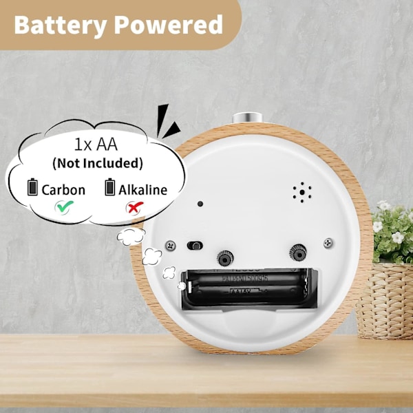 Träanalog väckarklocka med snooze, sängklocka med nattlampa, väckarklocka utan strålning, batteridriven