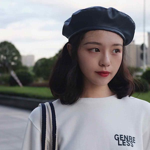 Dame Beret Hat PU Læder Berets Sorte Berets Kunstner Berets Cap