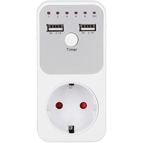 Stikkontakt med timer og USB, 16A, 230V, Hvid