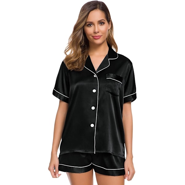 Naisten Silk Satin -pyjamasetti, lyhythihainen, napitettava, yöasu, rentoasu
