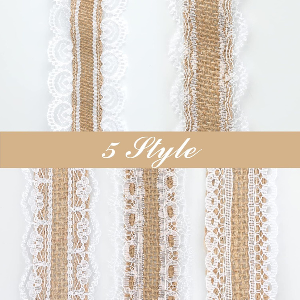 4 Mønstrede Jute Blonderibbon, Linned Rulle 2,5 cm, 2 m pr. Rulle til