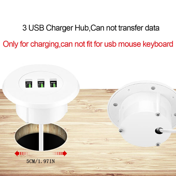 3-ports USB-skrivebordsoplader Skrivebordsopladningsstation monteres på 2,0\"/50mm gennemhullet med adapter og 1,5m strøm