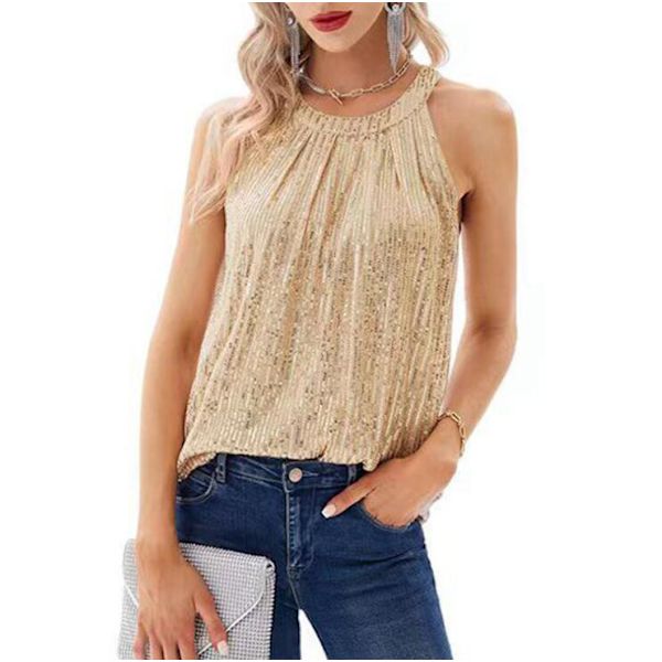 Kvinners Sequin-topp uten ermer, gull Gold M