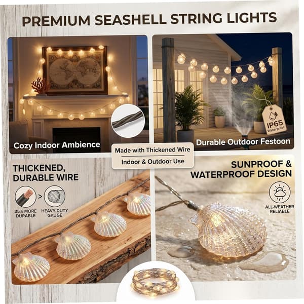 Musling, 20 LED muslingeformede fe-lys, batteridrevne sommerfe-lys, 3m