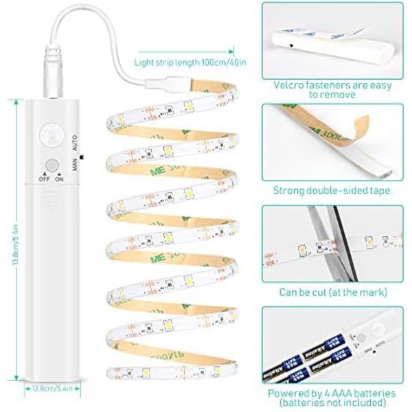 LED-stripe med bevegelsessensor, 1M/2M/3M LED-stripe skaplys, batteridrevet nattlys, 3500K varm hvit stripe for barnerom, soverom, kjøkken,