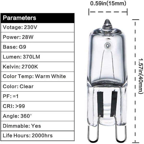 10 stk G9 230V 42W Dimmbare 370 Lumen C-klassifiserte Halogenlamper