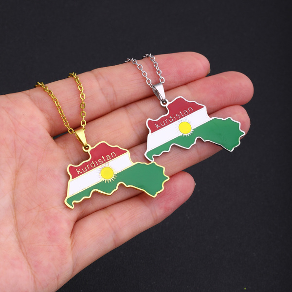 Kurdistan karta och flagga hänge halsband för älskare män kvinnor etniska smycken Kurdistan patriotisk present Steel Color
