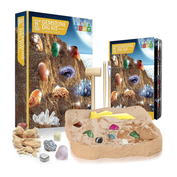 Mega Gemstone Dig Kit - Grav opp 15 ekte edelstener - Vitenskap og pedagogiske leker - Flott barnaktivitet - CDQ