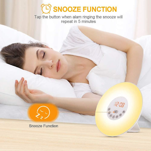 Radiovækkeur Lys Led Sengelampe Touch Control Solopgang og Solnedgang Simulation 10 Lysniveauer Snooze 6 Naturlige Lyde, 7 Farver Nattelys til