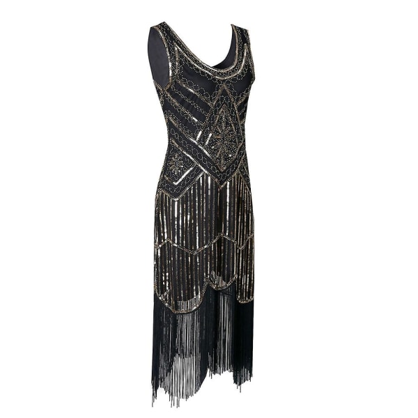 1920'ernes Flapper-kjole til kvinder Lang frynse Great Gatsby-kostumekjole 20'erne pailletter perler vintage 3XL 3XL Black Gold