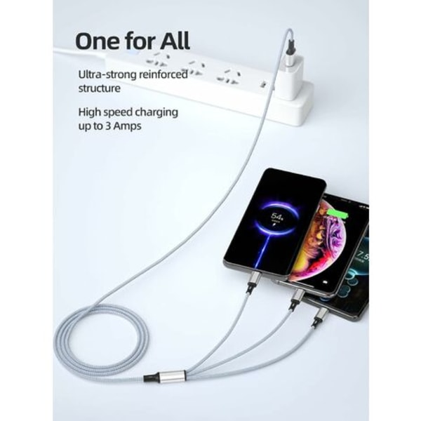 Multi-Laderkabel, 3-pakning, 120cm 3-i-1 Nylonflettet USB-kabel med USB-C-kabel, Micro-USB-kabel, Kompatibel med iPhone, Android USB-lading