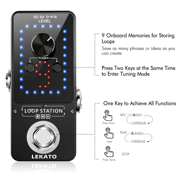 LEKATO Looper-effektpedal Gitarrstämmare 40 minuter 9 våg