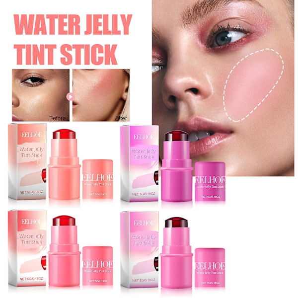 4 st Water Jelly Tint Stick, kylande Water Jelly Tint, Sheer Lip & Cheek Stain, Byggbar akvarellfinish, Vegansk, Cruelty Free