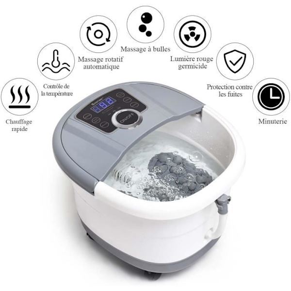 COSTWAY Fotbad med LED-skärm, Snabb uppvärmning 35°C till 48°C, Automatisk massage, Infraröd, Bubbelvibration, Grå