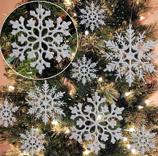 36-pack Silver Snowflake Ornament - Plastglitter Snöflingor för Jul och Vinter