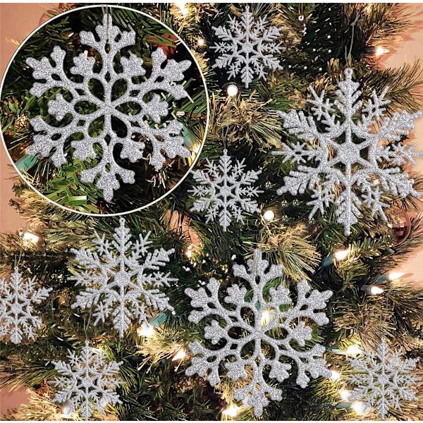 36 Pakk Sølv Snøfnugg Ornamenter Plast Glitter Snøfnugg Ornamenter for Vinter Jul