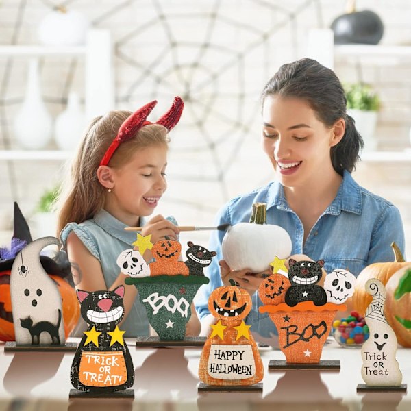 Puinen Halloween-pöytä - 6 kpl Retro Halloween-koristeita, mukaan lukien musta kissa/kurpitsahirviö/haamu/kallo käsityöt, kotiin, maatilalle, sisätiloihin, rustiikkinen