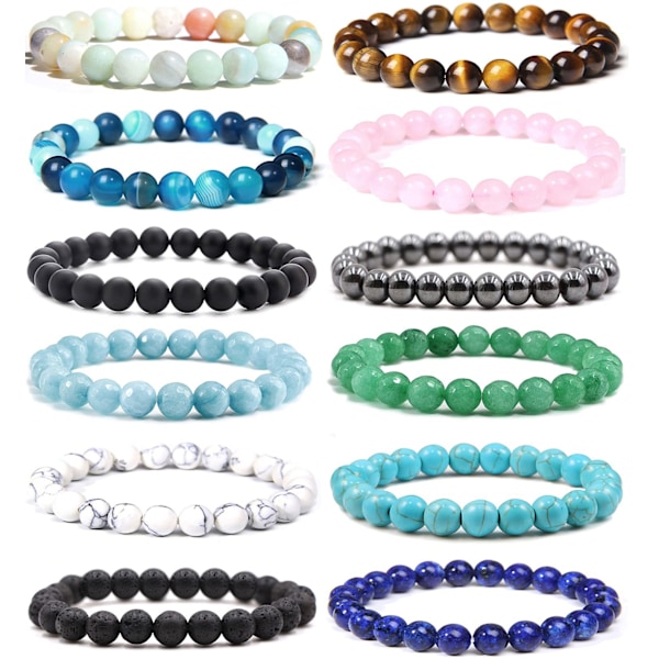 12 PCS 8 mm Semi Precious Pearl Bracelets for Men Women Healing St