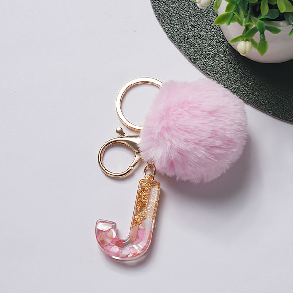 e Nøglering Rosa Pompom Kugle Nøglering med 26 bogstaver Resin Nøgleringe J