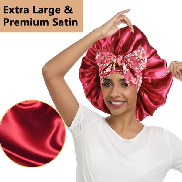 Satin Blommig Sovmössa – Bredbrättad Badmössa med Stor Rosett, Extra Stor Storlek Reddish-brown