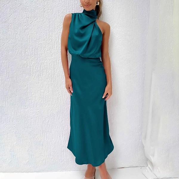 Sexy Kort Satin Kjole til Kvinder, Sommerlig Formel Lang Kjole, Mock Neck, Ærmeløs, Slids i Siden, Flydende Ærmeløs Maxi Skørter, Elegante Kvinders Skørter dark green M