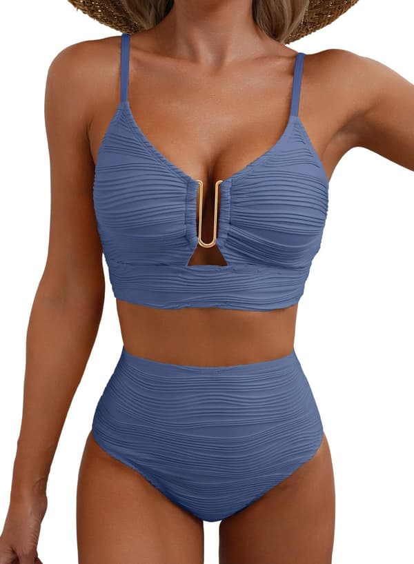 Bikini för kvinnor med V-ringning och utskärningar, högmidjad texturerad plisserad baddräkt S gray-blue