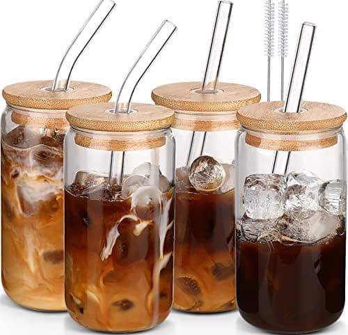 Glasmuggar med lock och sugrör 4 st - DWTS Kaffemuggar, Dricksglasset, Glasmugg med sugrör{BT)