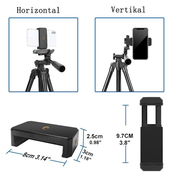 Kamerastativ, iPhone-stativ, med mobiltelefonholder og Bluetooth-fjernkontroll,