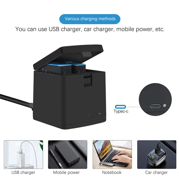TELESIN batteri 1750 mAh för GoPro Hero 10 3 sätt LED-ljus Bat charging box