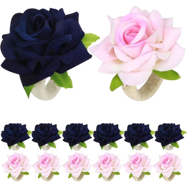12 stk. runde servietblomster (rosa, blå) Hvid bryllupsserviet