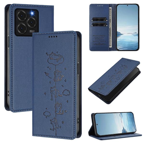 Søde Katte Præget Magnetisk RFID Vegansk Læder Telefoncover Dark Blue For Ulefone Note 20 Pro