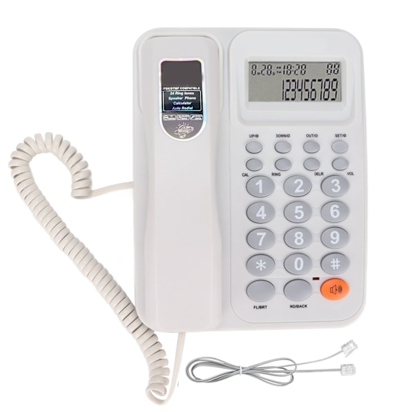 KXT2027CID fasttelefon med justerbart volum, anrops-ID, semi handsfree, fasttelefon for kontor og hotell (hvit)