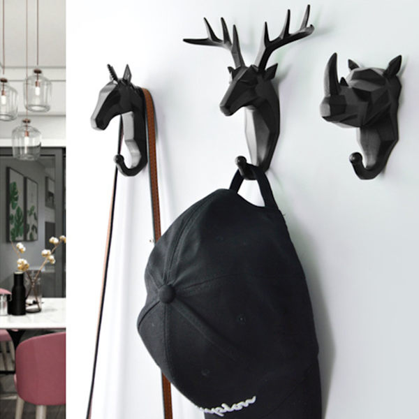 1/2/3/5 Robust og holdbar dyrehoved nøglekrog til enkel sort (elefant) black (elephant) Set