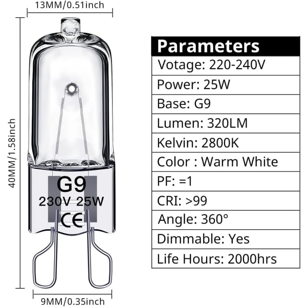 G9-halogeenilamput 25W, 230V, 10 kpl 25W