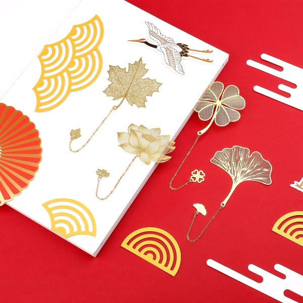 4 metal bogmærker med kæde, blad bogmærke med Lotus Ginkgo