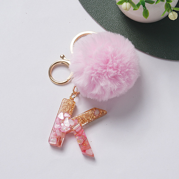 e Nøglering Rosa Pompom Kugle Nøglering med 26 bogstaver Resin Nøgleringe K