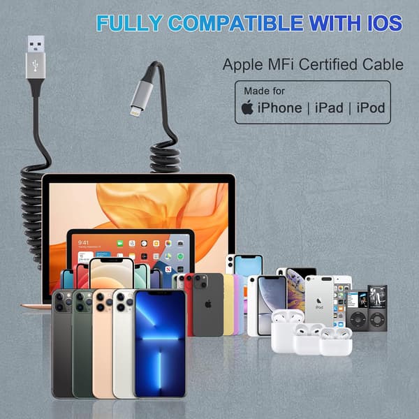 2-pack spiralkabel för iPhone, kompatibel med Apple CarPlay, kort spiralkabel USB till Lightning synkroniseringskabel